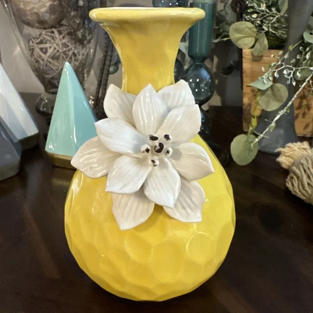 MCM Inspired Yellow Ceramic Vase With White Flower | Rare